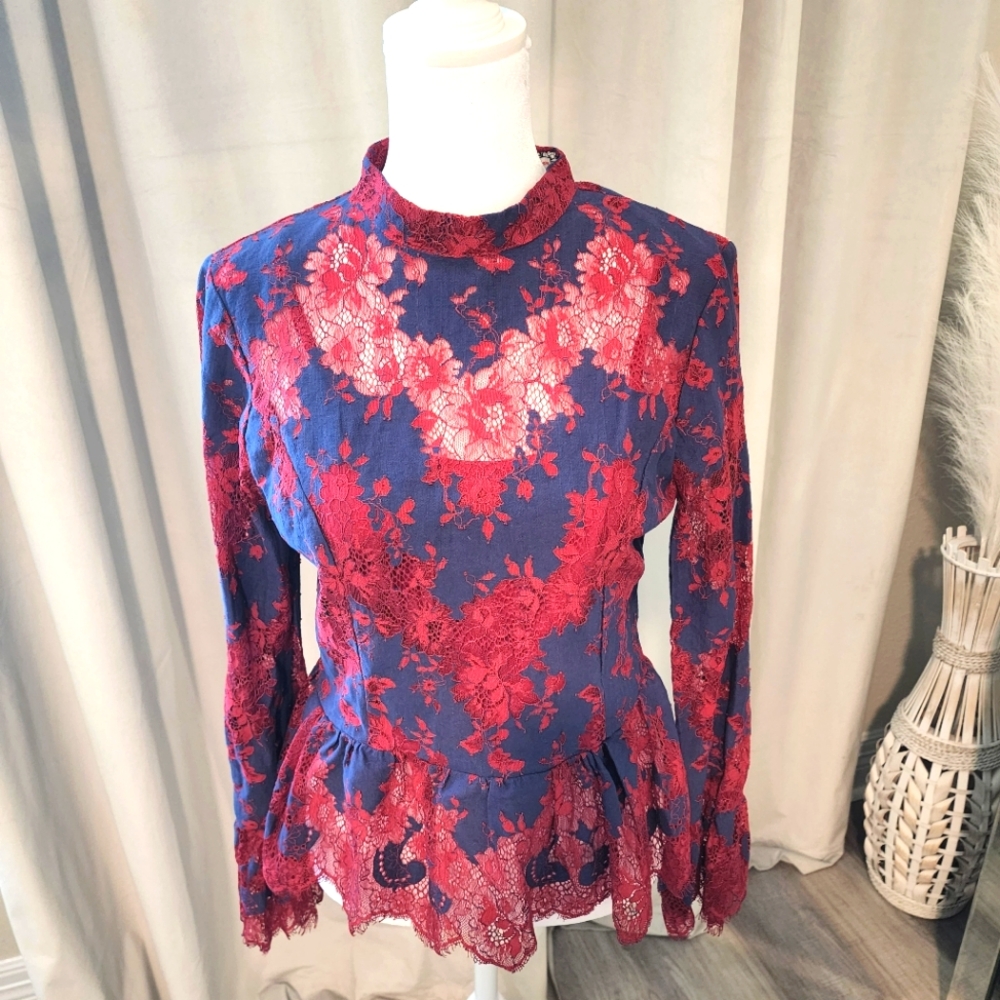 Vici "Chimney Rock" Navy & Red Lace High Neck Peplum Top